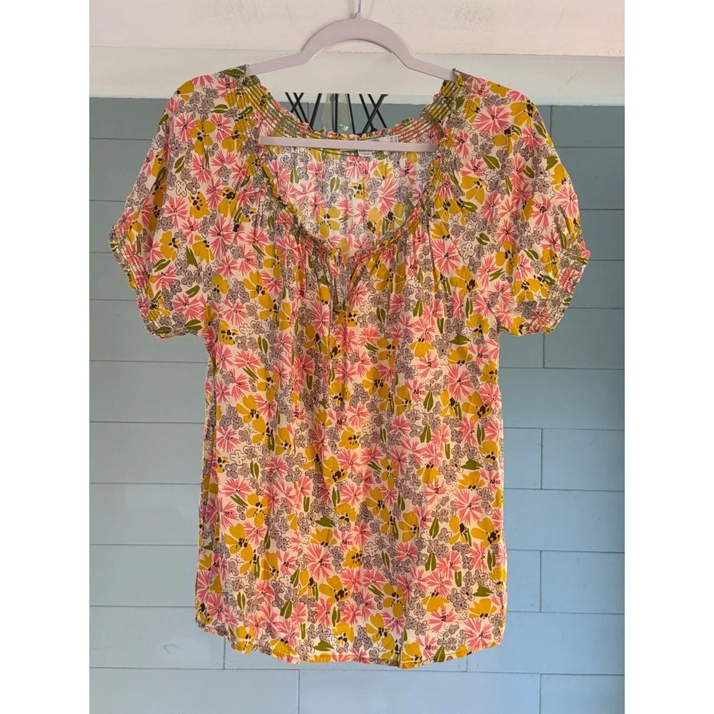 Boden Floral Smocked Neck Blouse Pink Yellow Short Puff Sleeve Top WA299 US 12